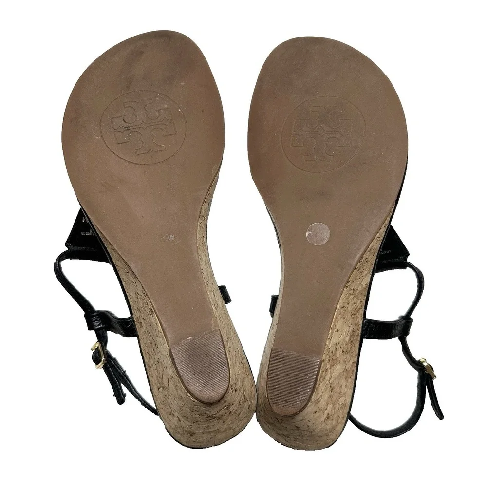 Tory Burch SIZE 7.5 Britton Black Leather Thong Wedge Sandals Cork Heels Logo